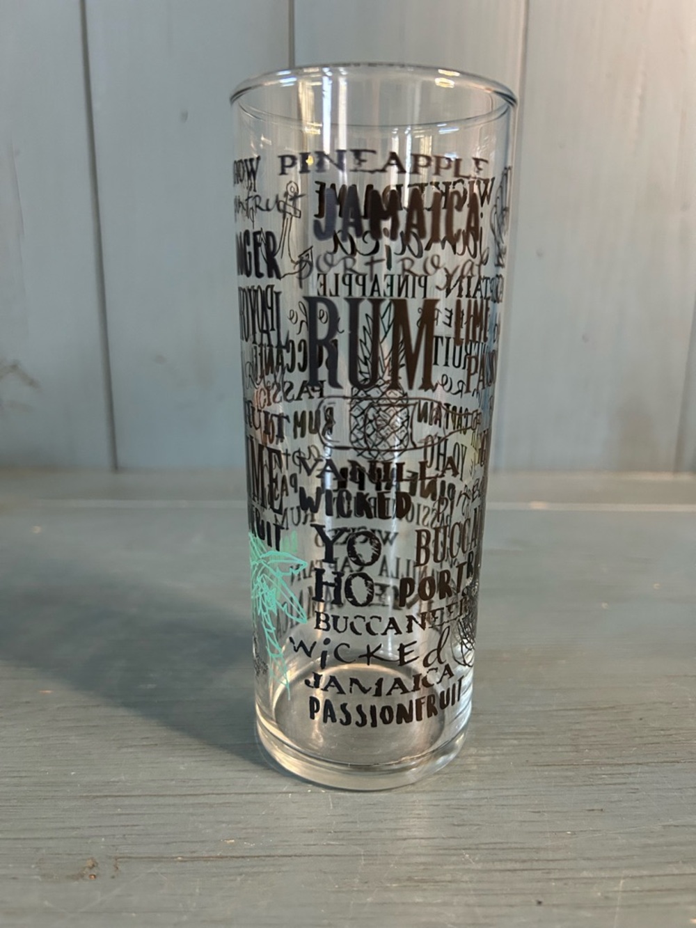 Clear Glass Highball Tumbler with Black Script and Teal Accent | Bahama Breeze